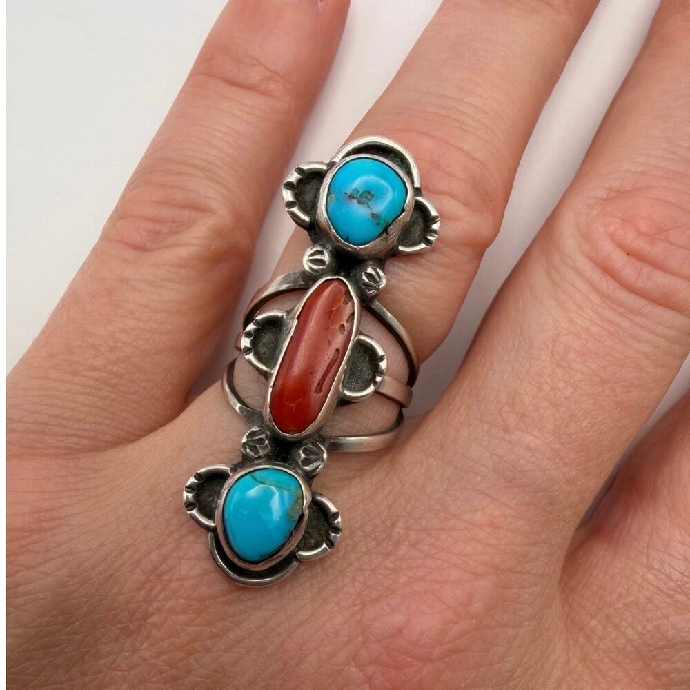 Vintage Southwestern Sterling Silver Turquoise & Coral Knuckle Ring Sz 5.75